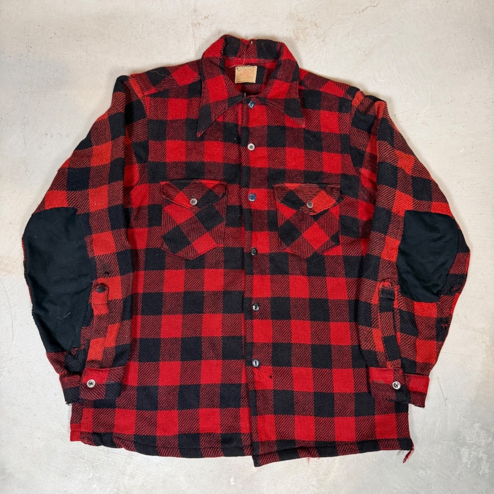 Vintage 40s JC Penney Sportclad Buffalo Plaid Wool Shirt Red Black Elbow Patches